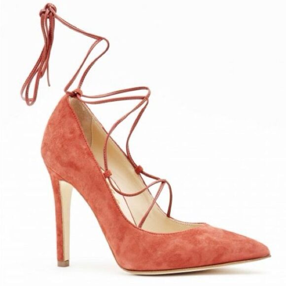 Clef Genuine Suede Leather Stiletto Pumps Made in Italy Coral Ankle Lace - Picture 1 of 13
